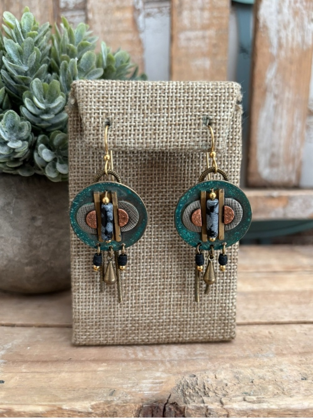Mixed Textured Metal Hook Dangle Earrings Brass Copper Tone Beaded NEW!